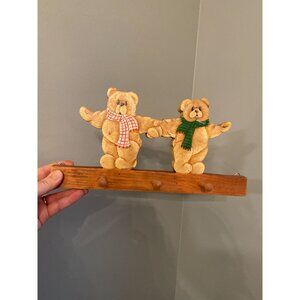 Vintage Wooden Teddy Bear Wall Hook Rack With Hand-Painted Bears & Scarves - 3 P